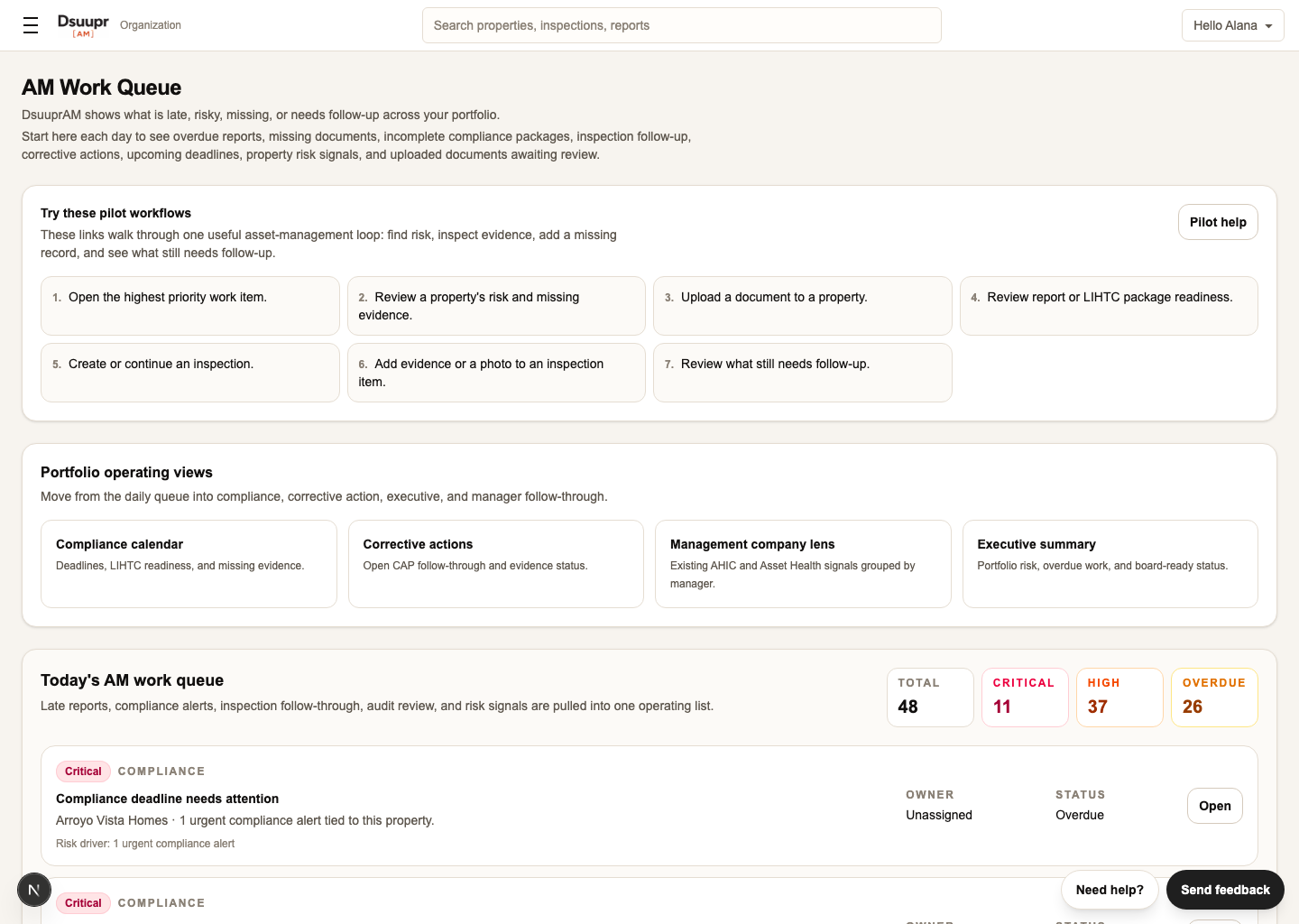 DsuuprSUITE operational dashboard workspace